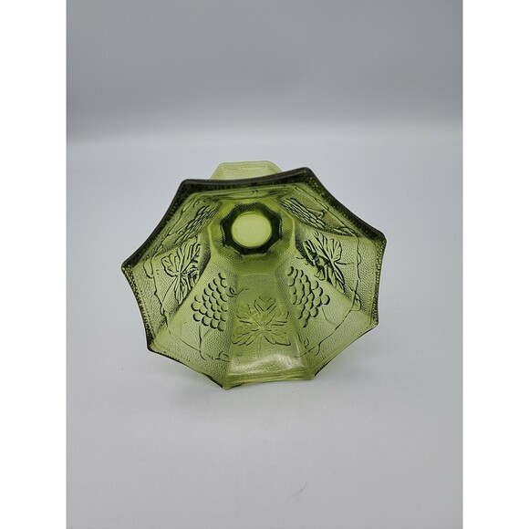 Anchor Hocking Green Grape Vine Candy Dish Octagon Footed Pedestal Glass Vintage - Picture 7 of 12